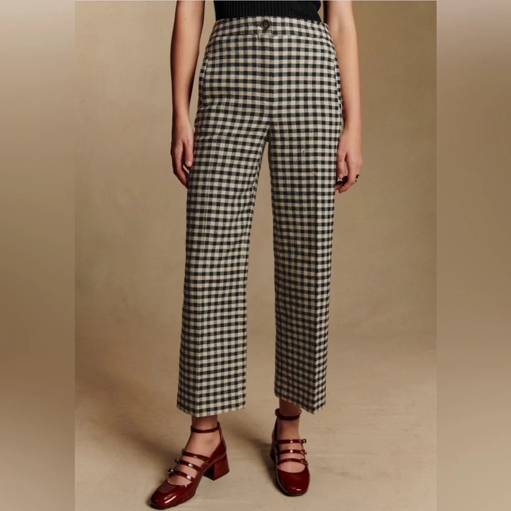 Sezane Martin Crop Trousers Black/ Ecru Gingham - Size 6 - Picture 2 of 9